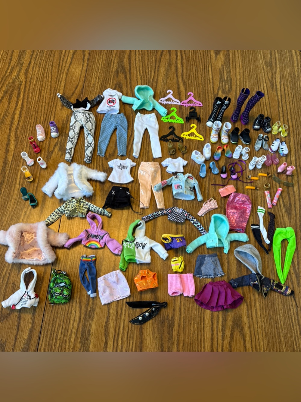 Huge lot of rainbow high doll clothes, shoes, boots, accessories